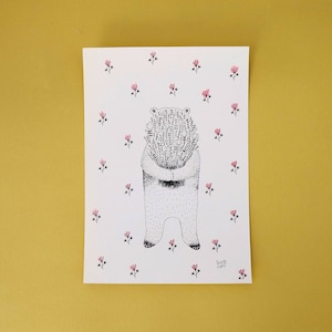 Bear illustration with a bouquet, ink, black and white, watercolor, A5