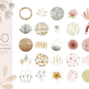 Boho Instagram Story Highlight Icons,hand painted,brown grey floral icons,botanical watercolor covers,plants,feminine,blog branding kit