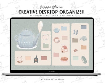 Hygge Desktop wallpaper organizer, Macbook Folder icons, mac windows hand drawn hygge background, cute pastel windows organizer
