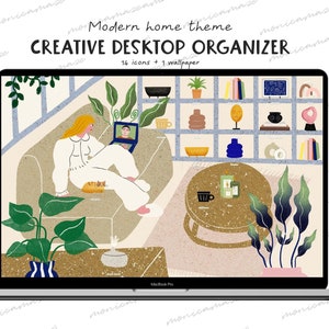 Creative Desktop wallpaper organizer, Macbook Folder icons, mac windows hand drawn modern home wallpaper, livingroom theme windows organizer