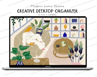 Creative Desktop wallpaper organizer, Macbook Folder icons, mac windows hand drawn modern home wallpaper, livingroom theme windows organizer