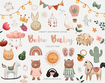 Boho Baby watercolor clipart, cute nursery digital papers, boho kid doodle, baby shower PNG, moon child graphic, baby invitation card design