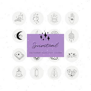 May include: A set of 16 black and white illustrations for Instagram highlight covers with a spiritual theme. The illustrations include a moon, stars, a crystal, a candle, a hand with an eye, a cat, a dreamcatcher, tarot cards, and more.