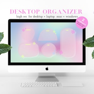 Puede incluir: Una pantalla de ordenador que muestra un fondo de pantalla de organizador de escritorio con un degradado de colores pastel y formas redondeadas de color rosa con texto. El texto incluye "Hoy", "Metas", "Trabajo", "Diversión" y "Vida".