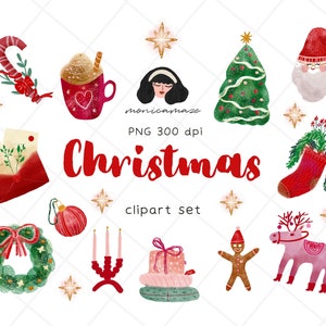 Weihnachten Aquarell Clipart - Weihnachtsmann, Rentier, Geschenke, Kranz, Strumpf, Weihnachtsgeschenke, Geschenke, festlicher Winterurlaub, Lebkuchenmann