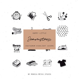 Könnte beinhalten: Ein Set mit 10 Schwarzweiß-Illustrationen für Instagram-Highlight-Cover, die Näh- und Bastelutensilien zeigen. Die Illustrationen beinhalten eine Nähmaschine, eine Schere, Garn, ein Nadelkissen, ein Maßband, Stoff, ein Bügeleisen und ein handgesticktes Design. Der Text "Happy Little Seamstress" und "Instagram Highlight Covers" ist im Bild enthalten.