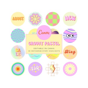 Instagram Story Highlight Covers | Funky Pastel IG icons, Funky Retro Social Media Branding, Cute bright icons, Editable in CANVA