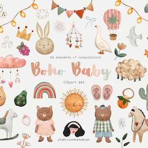 Boho Baby clipart acquerello, clipart animali carini per bambini, boho kid doodle, baby shower PNG, grafica per bambini lunari, design a sublimazione