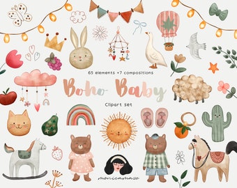 Boho Baby watercolor clipart, nursery cute animal clipart, boho kid doodle, baby shower PNG, moon child graphic, sublimation design