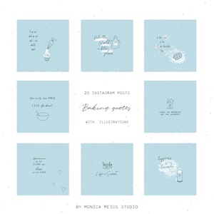 Bakery Instagram posts - Baking quotes, hand drawn baking illustrations, light blue Blog Branding Kit, instagram posts, set of 20