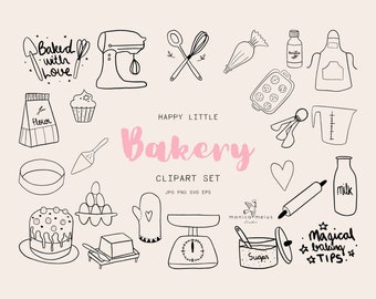 Baking clip art, bakery SVG lineart set, kitchen tools cake bake muffin cookies desserts minimal icons, png, canva compatible, insta icons