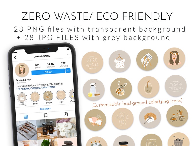 Zero Waste Instagram Story Highlight Covers - GREY eco friendly - 28 hand drawn ethical icons-Bonus Customizable Transparent PNG Icon Files image 4