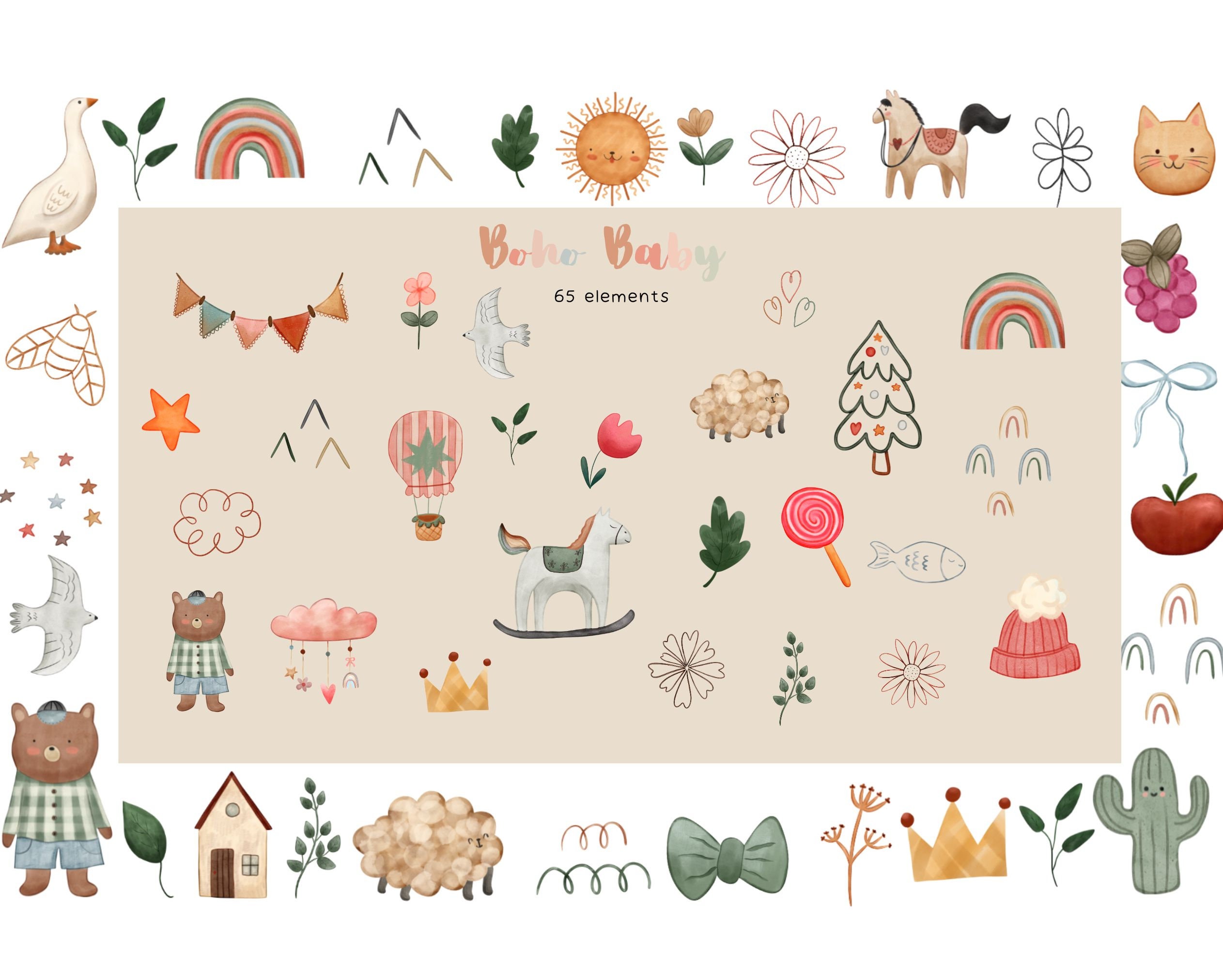Boho Baby Watercolor Clipart, Nursery Cute Animal Clipart, Boho Kid ...