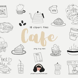 Coffee Shop clip art, Cafe SVG lineart set, coffee croissant breakfast pie desserts minimal icons, png, canva compatible