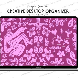 May include: A laptop computer displaying a pink and white digital illustration of a person dancing with a floral pattern background. The text "Purple Groove Creative Desktop Organizer" and "10 icons + 2 wallpapers" is displayed on the screen.