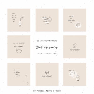 Bäckerei Instagram Posts - Backen Zitate, handgezeichnete Backen Illustrationen, neutral beige Blog Branding Kit, Instagram Posts Set von 20