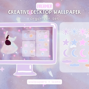 Creative Desktop wallpaper organizer, Dreamer desktop theme, background wallpaper set, mac windows hand drawn folder icons