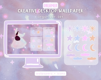 Creative Desktop wallpaper organizer, Dreamer desktop thema, achtergrond achtergrond set, mac windows handgetekende map iconen