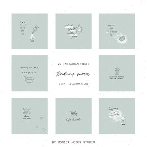 Könnte beinhalten: Ein Set mit 20 Instagram-Post-Vorlagen mit Backsprüchen und Illustrationen. Die Sprüche beinhalten "Back die Welt zu einem besseren Ort", "Man lebt nur einmal, lecke den Napf aus", "Zähle die Erinnerungen, nicht die Kalorien", "Romantik ist das Sahnehäubchen, aber Liebe ist der Kuchen", "Das Leben ist süß", und "Glück ist selbstgemacht".