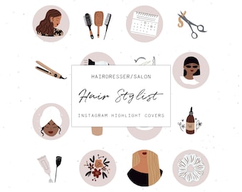 Puede incluir: Conjunto de portadas destacadas de Instagram para estilista de cabello. El diseño presenta ilustraciones de herramientas de peinado, un calendario y una mujer con cabello largo, con el texto "Hair Stylist". La paleta de colores incluye beige, marrón y negro.