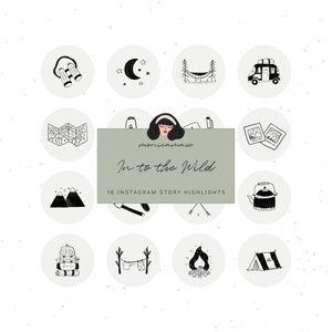 Iconos destacados de la historia de Instagram de camping - Cubiertas destacadas de aventuras al aire libre / Minimalista, Naturaleza, Viajes, Senderismo, Iconos dibujados a mano de Van Life