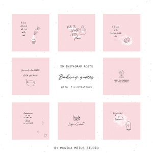 Bakery Instagram posts - Baking quotes, hand drawn baking illustrations, pink Blog Branding Kit, instagram template, set of 20