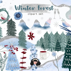 Winter Forest Clipart - Winter Wonderland Graphics, Scène d’hiver, Fond d’hiver, Clipart d’arbre, Clipart d’oiseau, Clip art aquarelle,