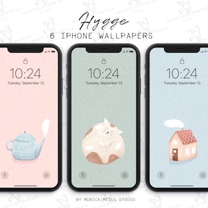 Könnte beinhalten: Sechs iPhone-Hintergründe mit Hygge-Thema. Der erste Hintergrund ist rosa mit einer Teekanne, der zweite ist grün mit einer Katze und der dritte ist blau mit einem Haus.
