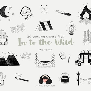 Camping clip art, Hiking SVG lineart set, outdoor adventure, nature, vanlife hand drawn minimal icons, png illustrations, camper van svg