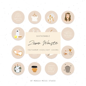 Puede incluir: Un conjunto de 12 cubiertas de destacados de Instagram con un tema de cero residuos sostenible. Las cubiertas presentan ilustraciones de una taza de café reutilizable, un cubo de basura, una bicicleta, una copa menstrual reutilizable, una planta, una pajita reutilizable, una camisa, un globo terráqueo, un pulverizador de limpieza, un limón y una mujer con una corona de flores.