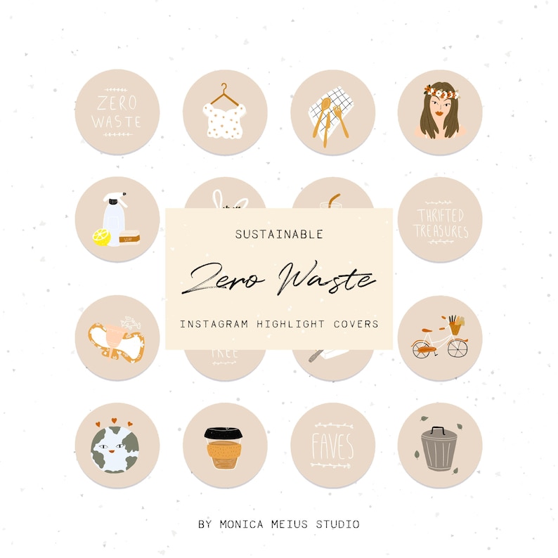 Zero Waste Instagram Story Highlight Covers - GREY eco friendly - 28 hand drawn ethical icons-Bonus Customizable Transparent PNG Icon Files image 1
