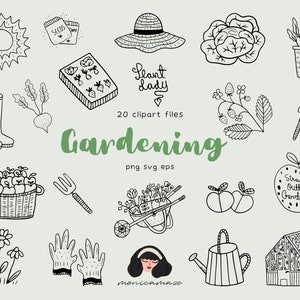 Clipart de jardinagem, conjunto de lineart SVG de jardim, planta senhora estufa vegetais fazenda ícones mínimos, png, compatível com canva, logotipo diy