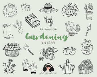Gardening Clipart, Garden SVG lineart set, plant lady greenhouse vegetable farm minimal icons, png, canva compatible,diy logo