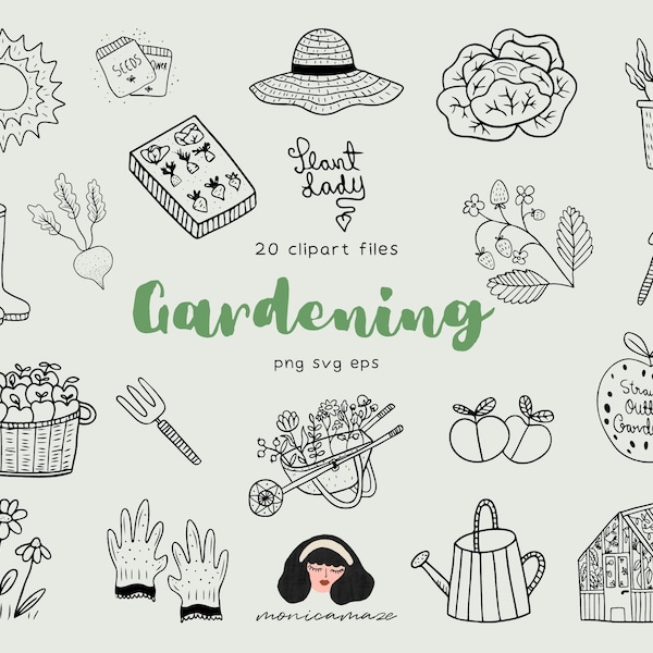 Gardening Clipart, Garden SVG lineart set, plant lady greenhouse vegetable farm minimal icons, png, canva compatible,diy logo