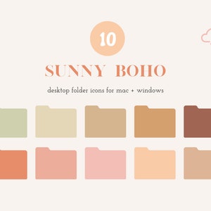 Puede incluir: Conjunto de 10 iconos de carpeta de escritorio en varios tonos de beige, marrón y rosa. Los iconos están diseñados en estilo boho y son perfectos para organizar tus archivos de computadora.