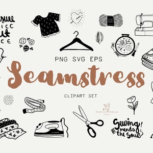 Puede incluir: Un conjunto de clipart en blanco y negro de herramientas y suministros de costura y sastrería. El conjunto incluye una máquina de coser, tijeras, un dedal, una bobina de hilo, una cinta métrica, una plancha, un maniquí, una percha, una aguja e hilo, un cojín de alfileres, un rollo de tela y un aro de bordado. El texto "Mide dos veces, corta una vez" y "Coser repara el alma" también se incluye en el conjunto.