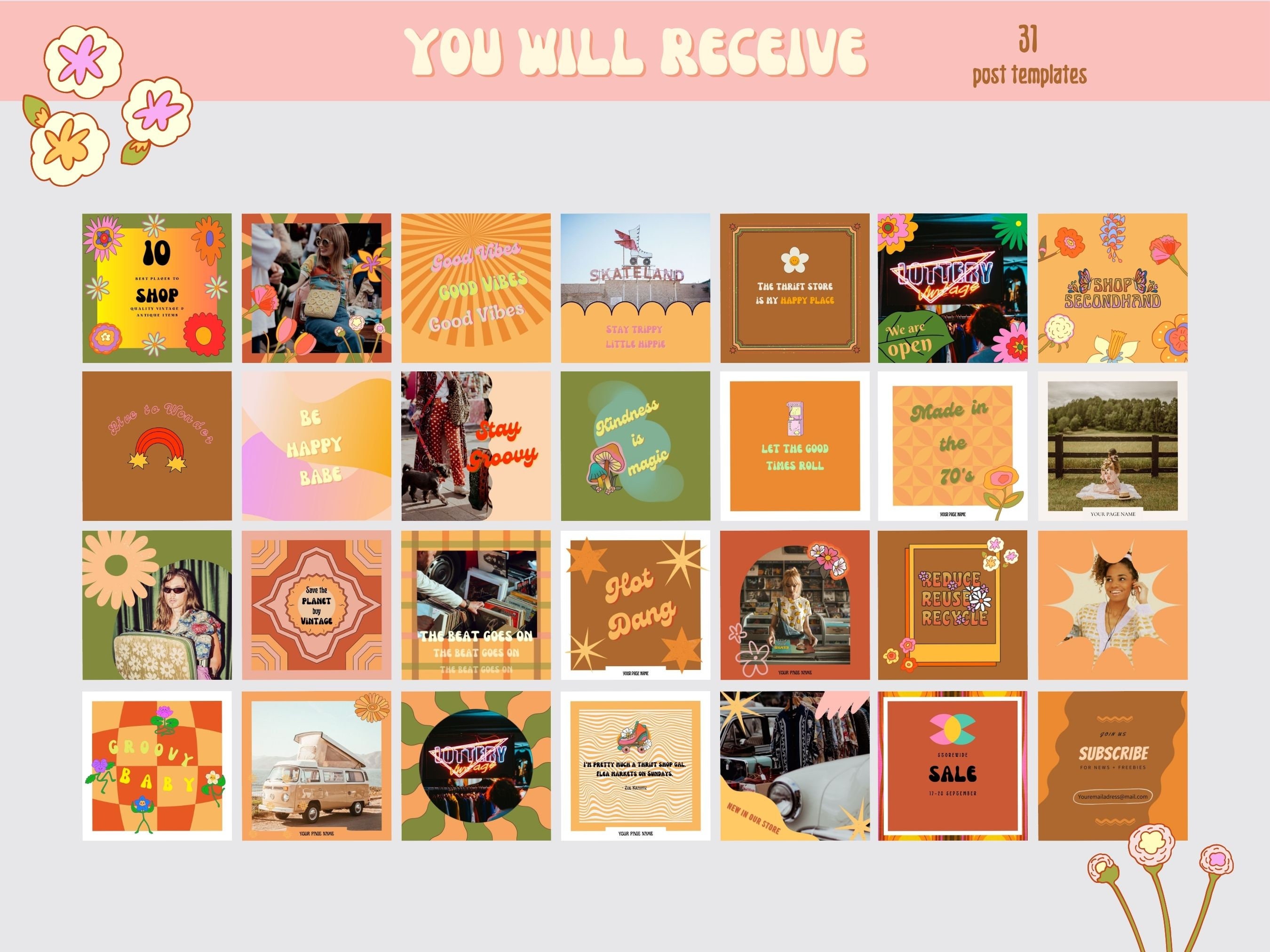 Retro Instagram Post Templates | Groovy 70's Instagram Templates ...