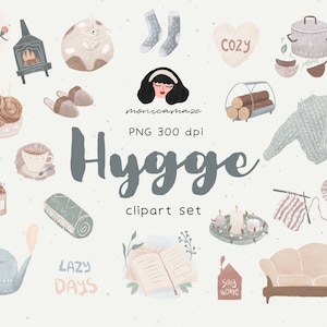 Accogliente set di clipart Hygge - icone invernali dipinte a mano - elementi Hygge - casa scandinava, decorazioni natalizie danesi, arte Planner