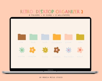 12 Retro Floral Desktop icon set, Vintage Groovy computer organizer | Folder icons for Mac + Windows |  70s aesthetic daisies laptop icons
