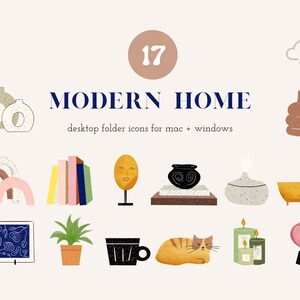 May include: A set of 17 modern home desktop folder icons for Mac and Windows. The icons feature illustrations of various home decor items, including vases, books, a cat, candles, and a sculpture.