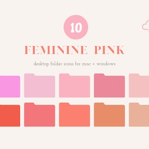 May include: Set of 10 feminine pink desktop folder icons for Mac and Windows. The icons are in various shades of pink and peach.