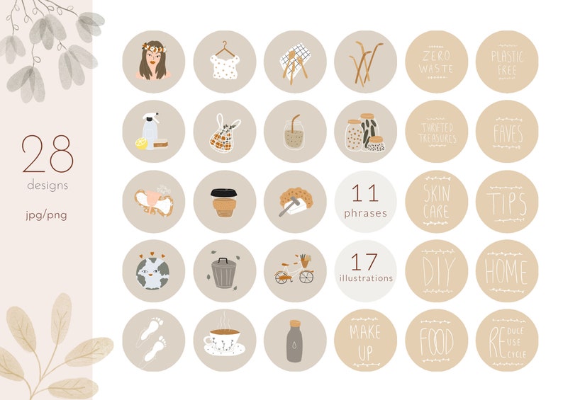 Zero Waste Instagram Story Highlight Covers - GREY eco friendly - 28 hand drawn ethical icons-Bonus Customizable Transparent PNG Icon Files image 5