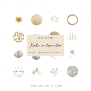 Boho Instagram Story Highlight icons, 16 watercolor floral covers, earthy neutral, brown grey clipart, blog branding kit, hand painted icons