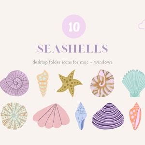 Desktop Icon Set | 10 Seashell Icons for Mac + Windows computers | Hand drawn seashells for desktop organizing