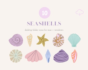 Desktop Icon Set | 10 Seashell Icons for Mac + Windows computers | Hand drawn seashells for desktop organizing