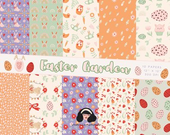 Easter Garden Digital Papers, Spring design papers, Doodle Rabbits and rainbows, Pastel digital paper, Hand Drawn patterns, Commercial Use