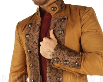 Tan Brown Gothic Military Men's Cotton Jacket Top Steampunk