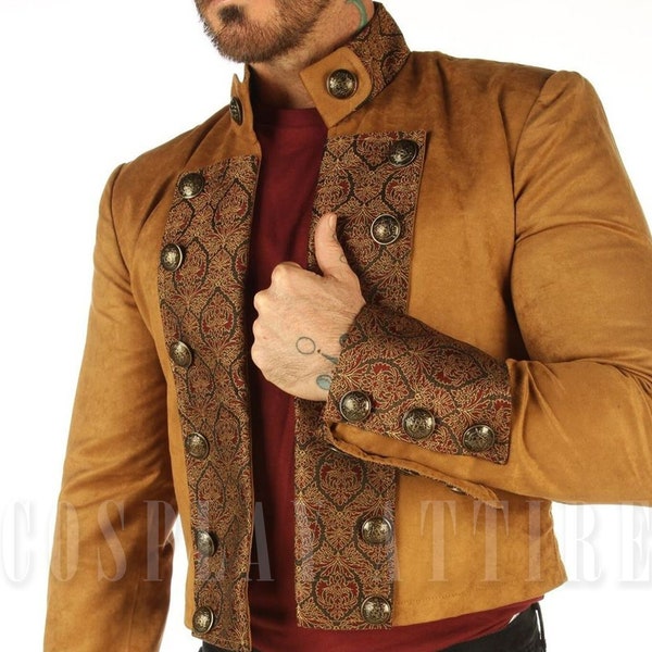 Veste gothique militaire en coton marron fauve pour homme, haut Steampunk