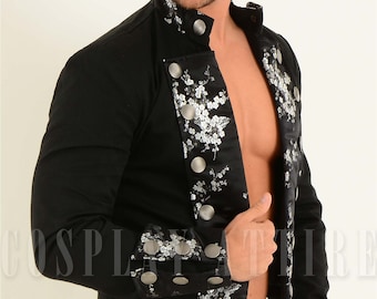 Chaqueta militar steampunk para hombre: Top corto de algodón negro con contraste floral vintage