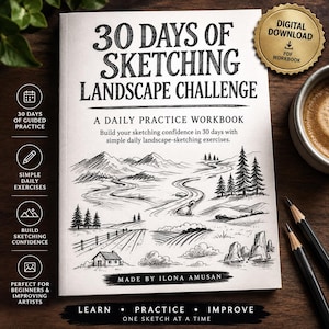 Può includere: Un quaderno di esercizi bianco intitolato 30 Days of Sketching Landscape Challenge con un'illustrazione a inchiostro nero di un paesaggio montano, una casa e alberi. La copertina include testo sulla pratica quotidiana e un badge di download.